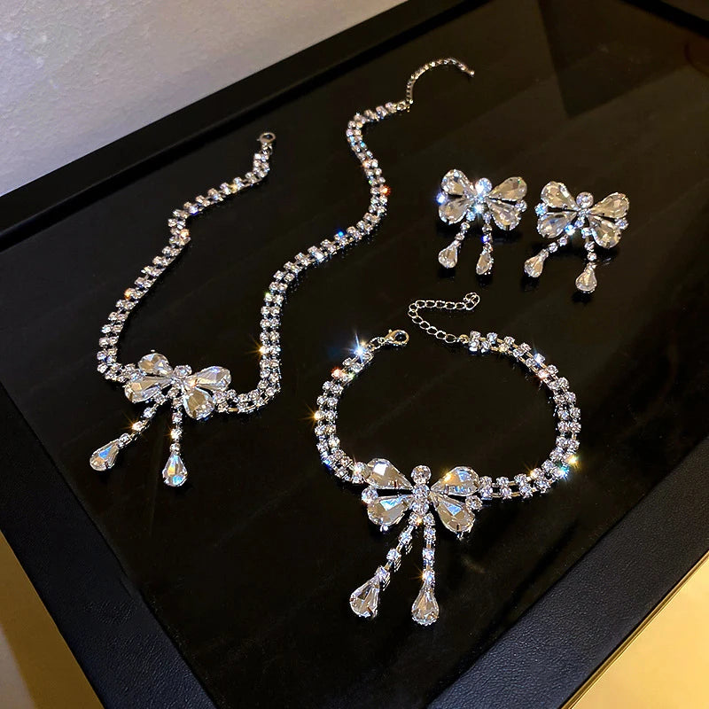 HOVANCI Crystal Earrings Jewelry Diamond Bow Necklace and Earring Sets 6 Trendy Crystal Rhinestones Drop Earring