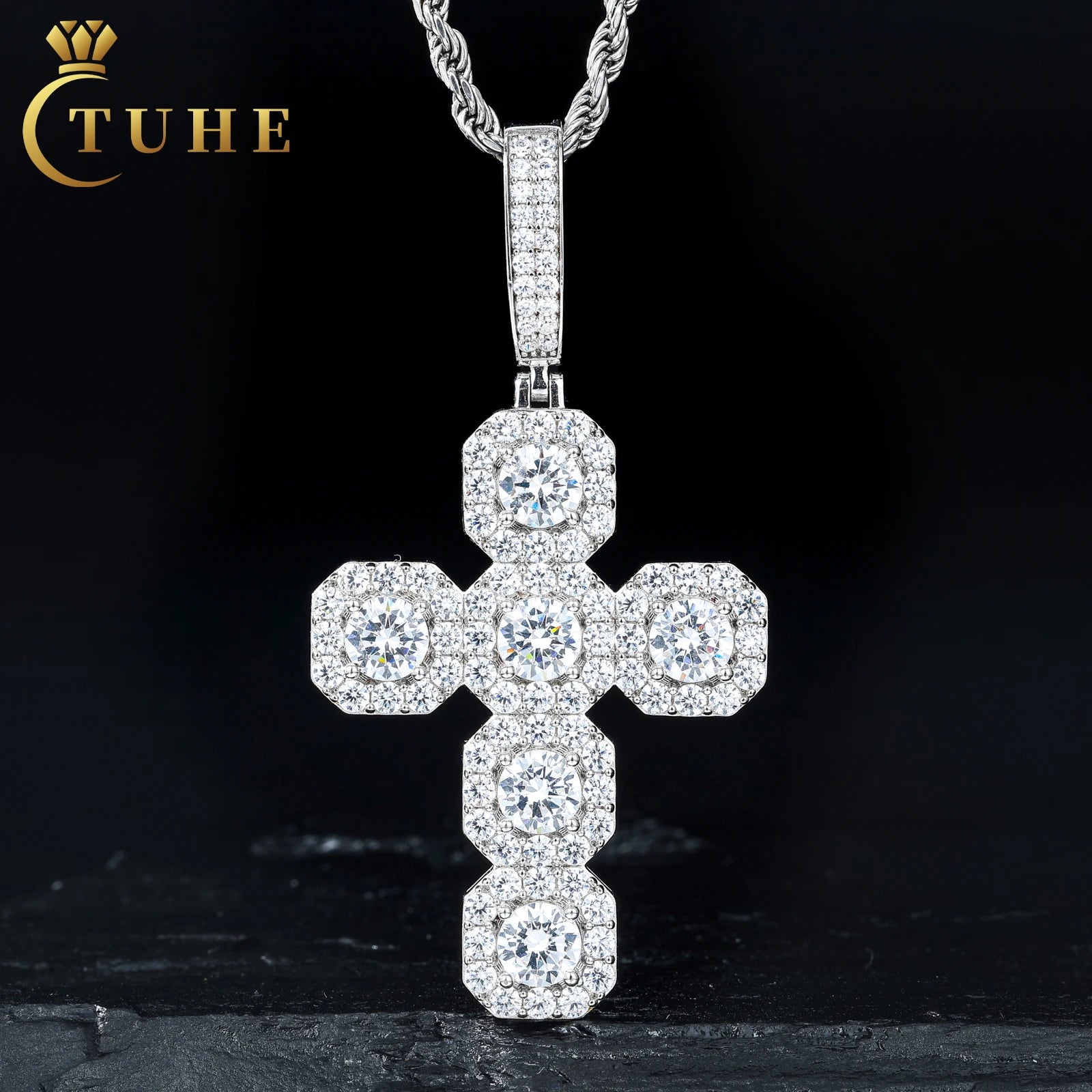 Fashion Design Party Jewelry 925 Sterling Silver Paved Vvs Moissanite Diamond Cluster Halo Cross Pendant for Men