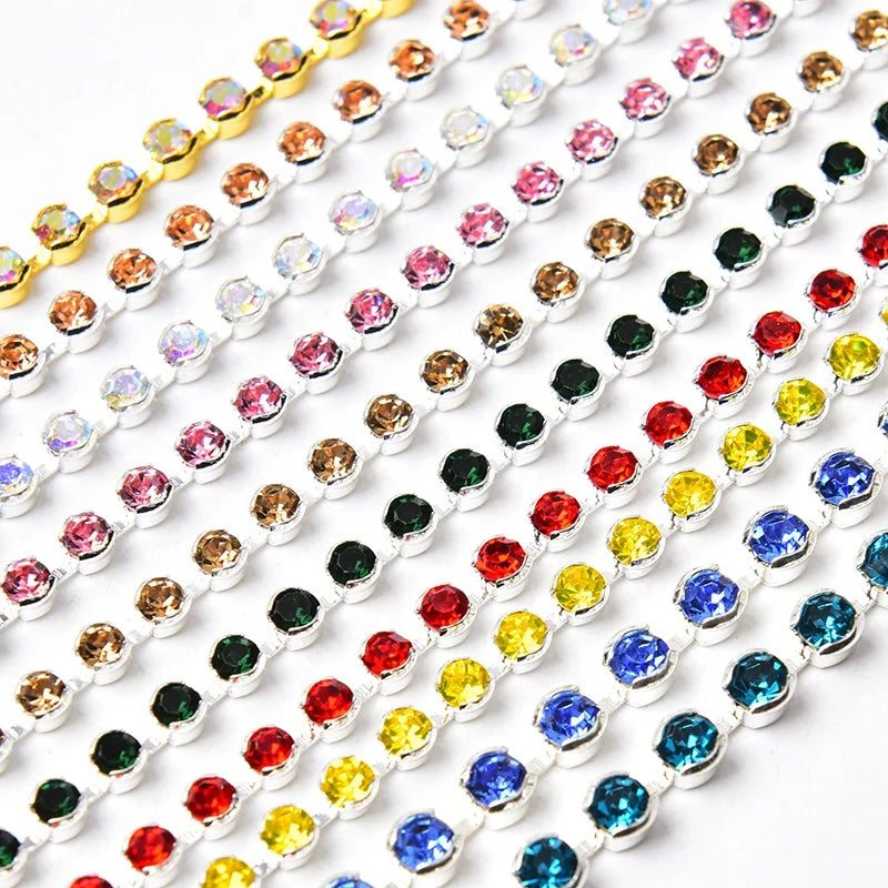 Don't Hook Clothes Rhinestone Trim SS12-SS16 Round Glass Crystal Cup Chain for Wedding Dress Decorative Silver/Gold Base