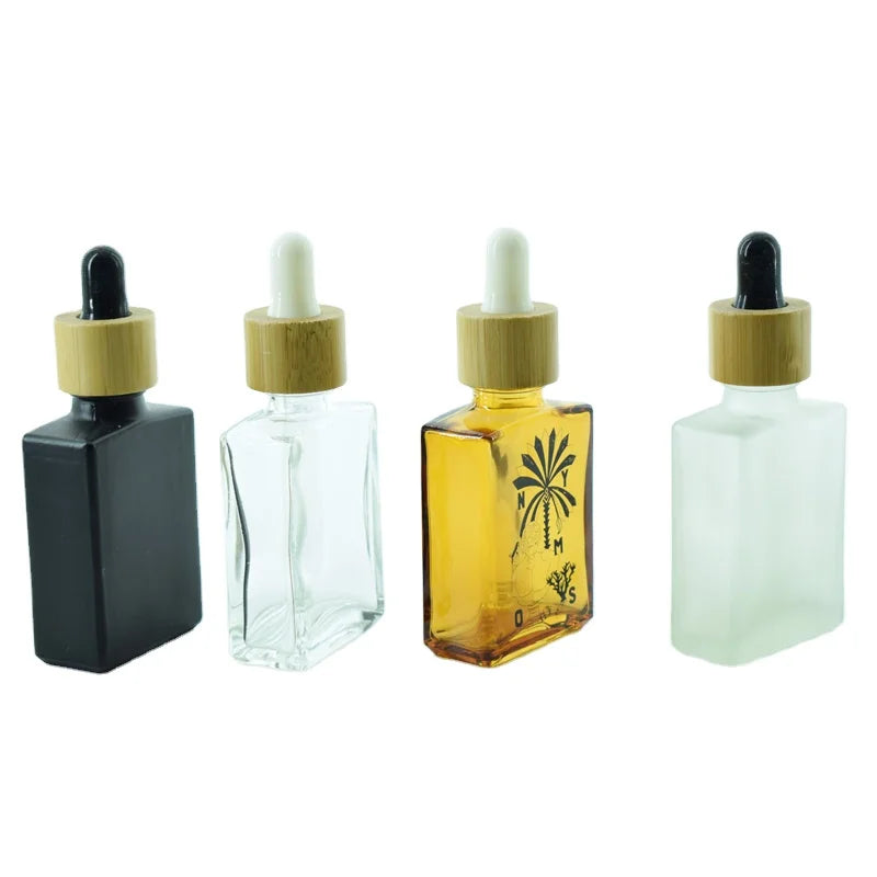 Frosted Black Bottles Wooden Empty Eye Serum Packaging 30ml Glass Essential Oil Bottle With Bamboo Dropper Cap