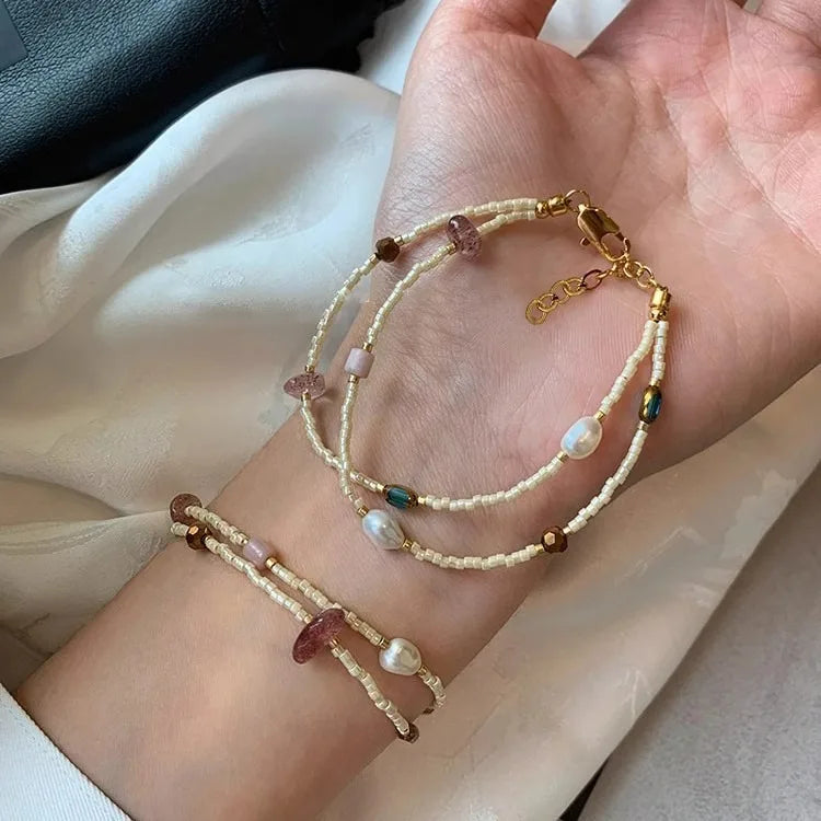Statement Designer Layered Thin Gold Seed Beads Natural Stone Freshwater Pearl  Bracelet for Women