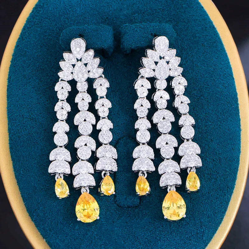 American Silver Plated Cubic Zirconia Long Leaf Drop Tassel Earrings Dangle Wedding Party Prom Banquet Jewelry for Women Brides