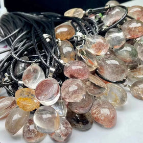 Natural Crystal Stone Multi Ghost Pendant Irregular Raw Gemstone Stainless Steel Rutilated Quartz Pendant Necklace