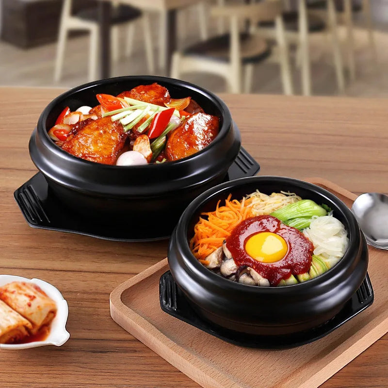 2024 Hot Selling Korean Style Black Ceramic Dolsot Bibimbap Ramen Soup Pots Eco-Friendly Mini Stone Bowls with Tray