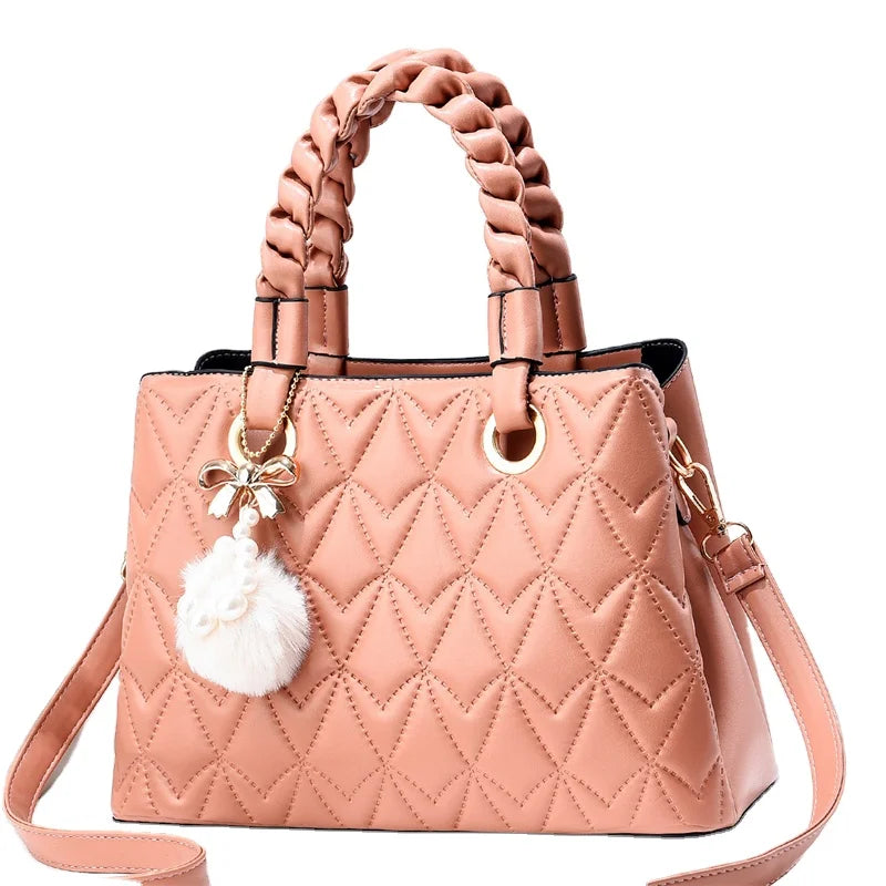 Trend Design Ladies Crossbody Handbag with Fur Ball Pendant & Pearl Decoration Polyester Lining Comfortable Shoulder Bag