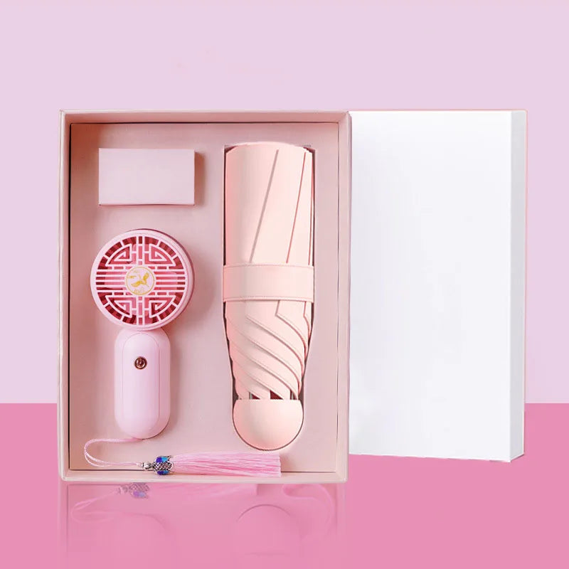 Special Corporate Logo Hand Fan & Umbrella Set Hot Summer Wedding & Birthday Party Souvenirs Promo Gift Set for Guests