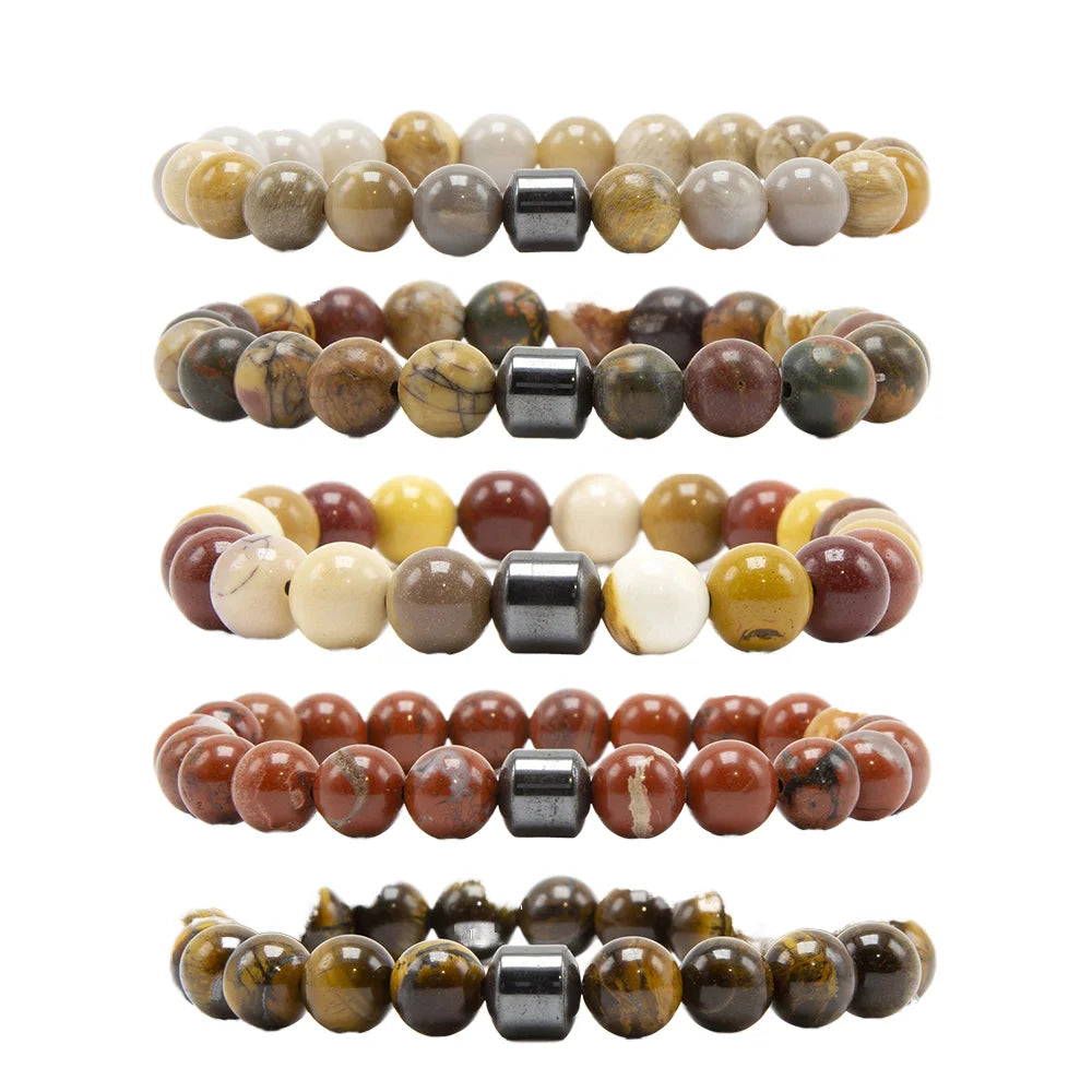 Wholesale Healing Stone Beads Bracelet Natural Gemstone Picasso Jasper and Magnetic Hematite Jade Bracelet