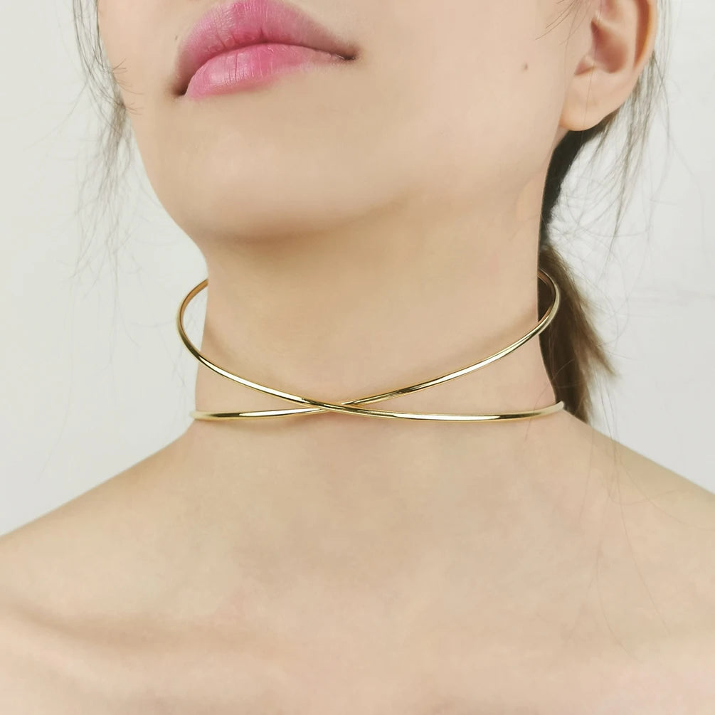 Personality Unique Jewelry Elegant Double Twist Alloy Choker Torque Charm Gold Plated Bib Necklace for Women Accessories