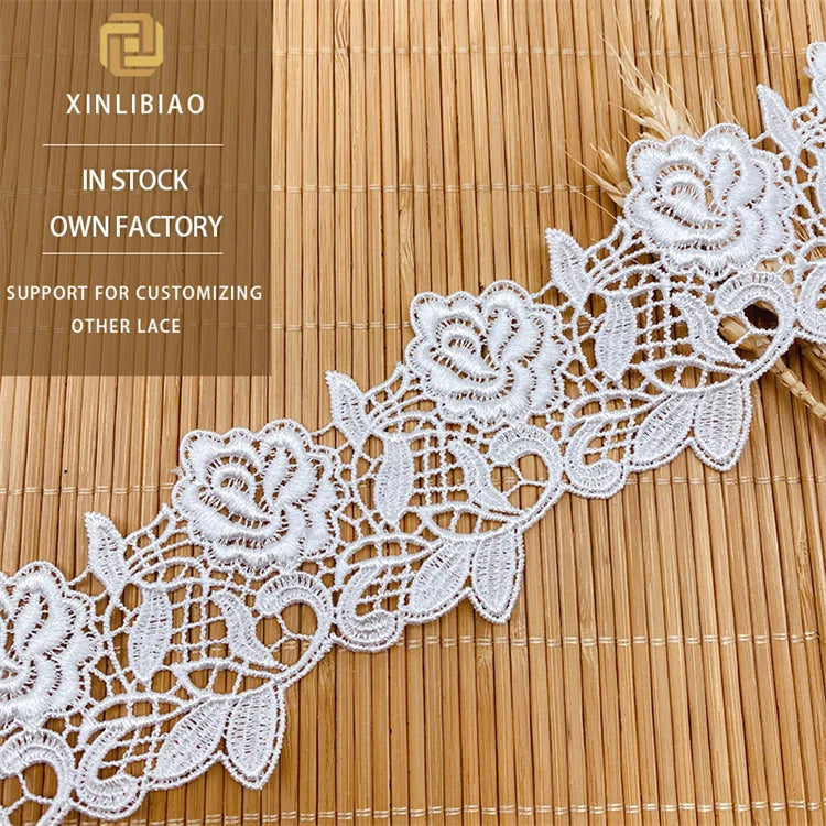 100% Polyester Water Soluble Embroidered Lace Fabric Cord Guipure Lace in Western Style Stock Available