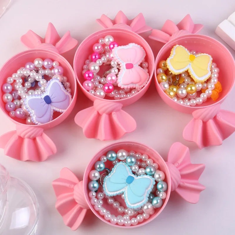 GT Baby Girl Necklace Resin Plastic Pearl Bracelet Bow Rings Set Kids Children Candy Box Gift