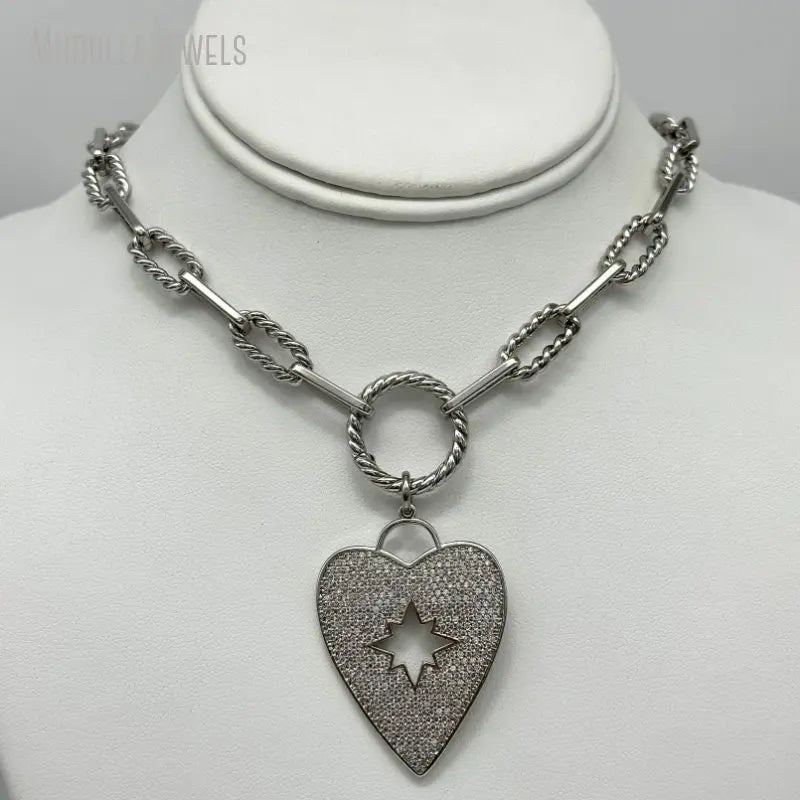 NM45615 Copper Jewelry Heart Shape Pendant With Cubic Zirconia Paved Twisted Paperclip Chain Necklace Silver Plated