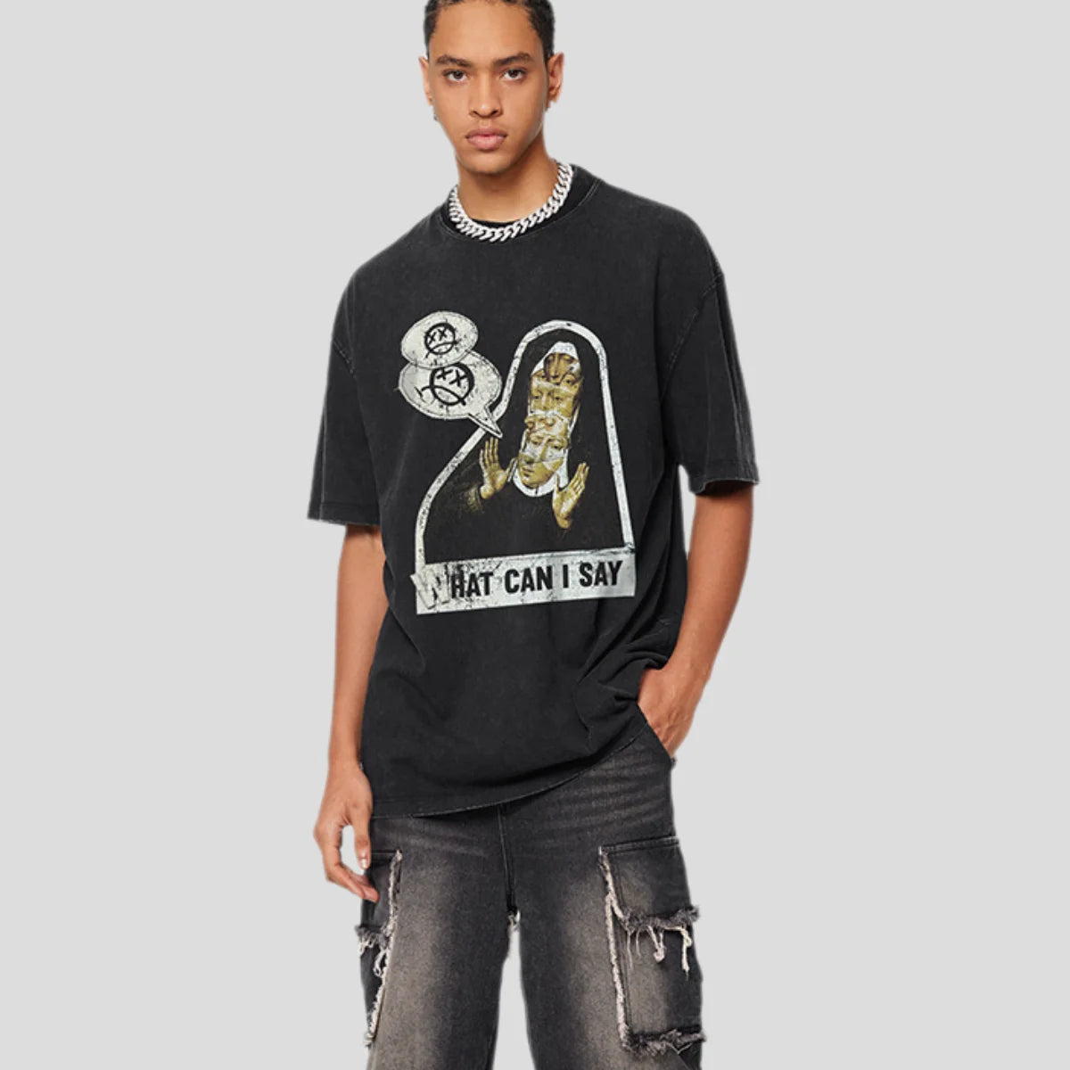 American Fashion Brand 270G Men's Retro Short Sleeve T-Shirt 100% Cotton Dark Fun Printed Breathable and Loose Fit