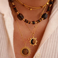 Vintage Style 14K Gold Stainless Steel Necklace Rings Luxury Sun Pendant Tiger Eye Stone Necklace for Women