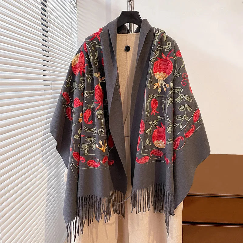 Ladies Autumn Winter New Style Pomegranate Embroidery Shawl Women Winter Warm Ethnic Tassel Long Lead Scarf
