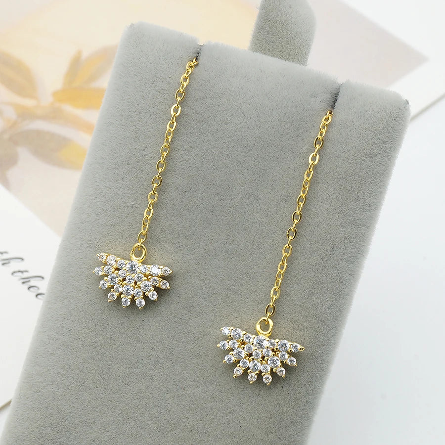 Sterling Silver 925 Crystal Drop Women Long  Link Chain Earring Gold Plated 18K Earrings