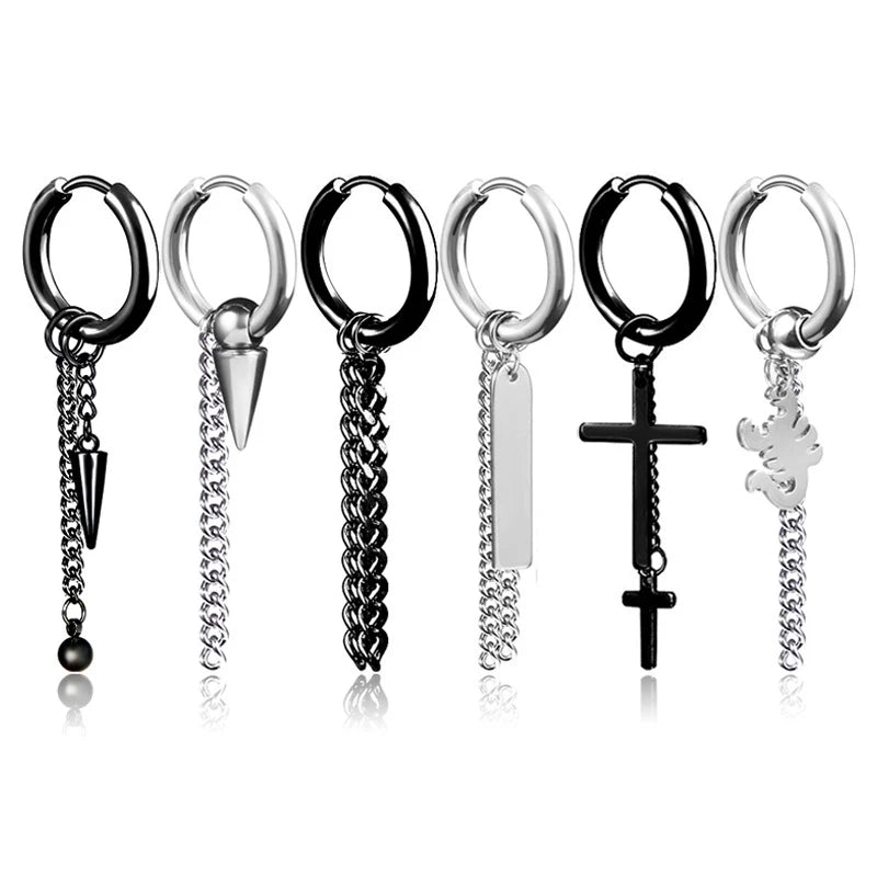 Punk Non Tarnish Stainless Steel Scorpion Cross Skull Pendant Men Hiphop Cuff Ear Clip Non Piercing Earring Jewelry