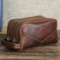 Contact's Custom Logo Double-Zipper Mens Genuine Leather Travel Makeup Bag Toiletry Cosmetic Bag for Men Hanging Dopp Kit