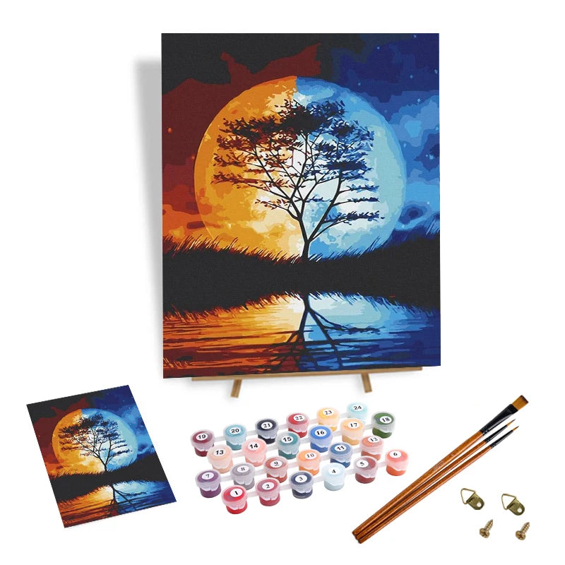 DIY Paint by Numbers Kit Tree Sun Moon Picture Landscape Painting by Numbers Abstract Art