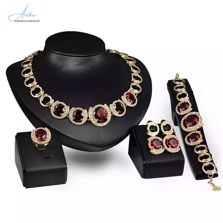 New 4 Piece Women Fashion Jewelry Sets African Red Luxury Saudi 18K Gold Plated Dubai Wedding Gift Crystal Bridal Jewelry Set