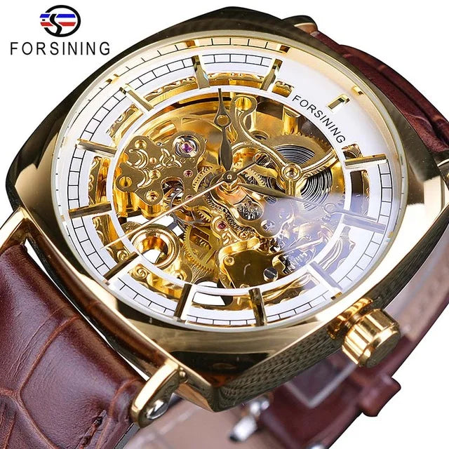 Forsining Top New Luxury Black Genuine Leather Fashion Royal Gold Clock Transparent Skeleton Men Automatic Mechanical Watches
