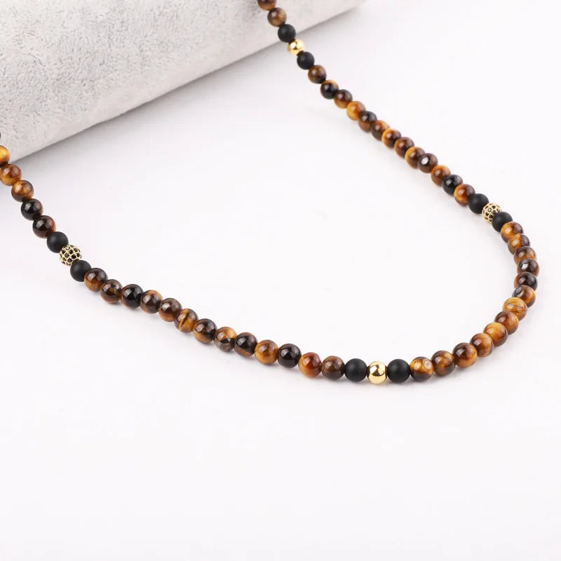 New Design 30inches High Quality 6mm Natural Stone Brown Tiger Eye Stainless Steel Beads CZ Ball Handmade Long Men Necklace