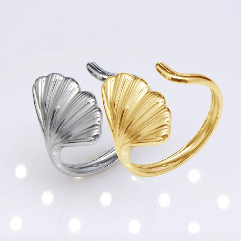 ERESI Fashion New Arrival Stainless Steel Ring Jewelry PVD 18K Gold Plated Ring Gift Opening Ginkgo Leaf Shaped Rings for Women