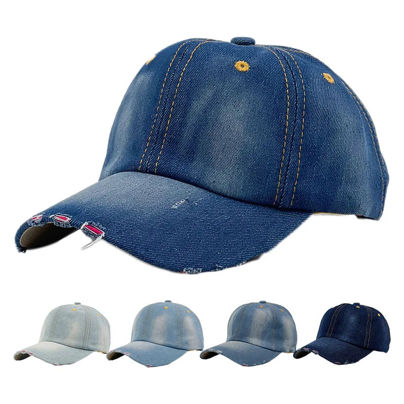 Summer Hip-hop Vintage Sun Hat 6 Colors Distressed Worn Out Sports Hat Letters Embroidery Ripped Washed Denim Baseball Hat