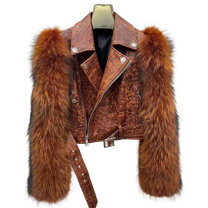 Custom Size Color Cropped Shearling Coat Croco Pattern Genuine Sheepskin Leather Jacket With Fox Fur Sleeves for Women