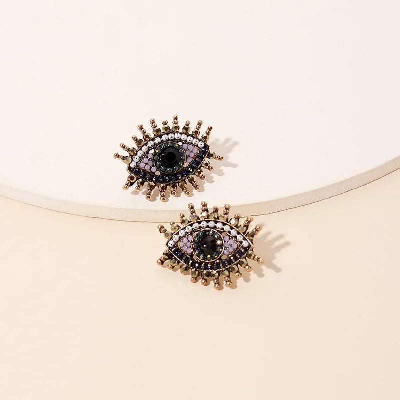 Exaggerated Geometric Bling Fashion Women Girls Rhinestone Gold Plating Gift Crystal Lucky Turkey Evil Devil Eye Stud Earrings