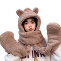 Bear Ears Hat Scarf Glove One Piece Set Winter Cute Hats for Women Outdoor Warm Thicken Cashmere Beanies Girls Wool Cap Fur Hats