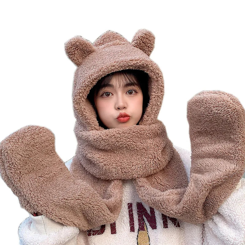 Bear Ears Hat Scarf Glove One Piece Set Winter Cute Hats for Women Outdoor Warm Thicken Cashmere Beanies Girls Wool Cap Fur Hats