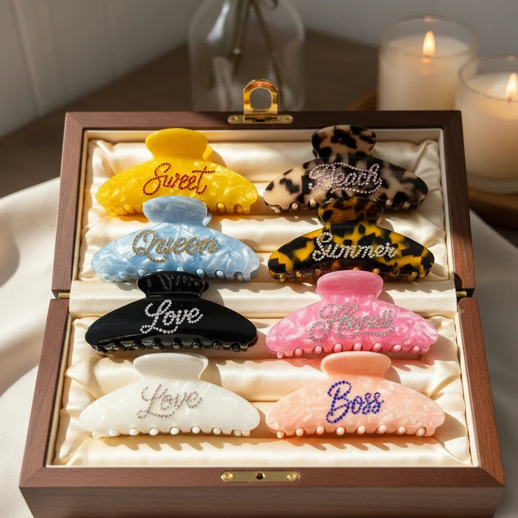 BSCI & GRS Certified Factory Wholesale Personality Colorful Custom Rhinestone LOGO Acetate Hair Claw Clips for Women Girls