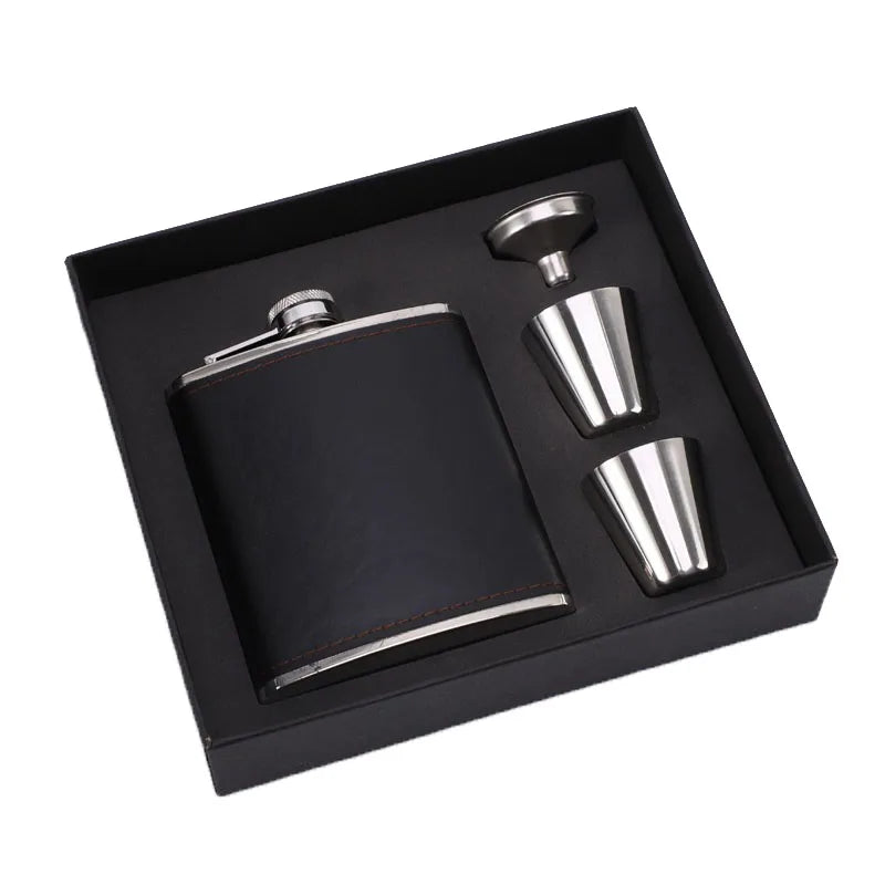 7oz Stainless Steel Hip Flask Set Covered With 2 Cups & Funnel Gift for Men Liquor Leather Hip Flask Set