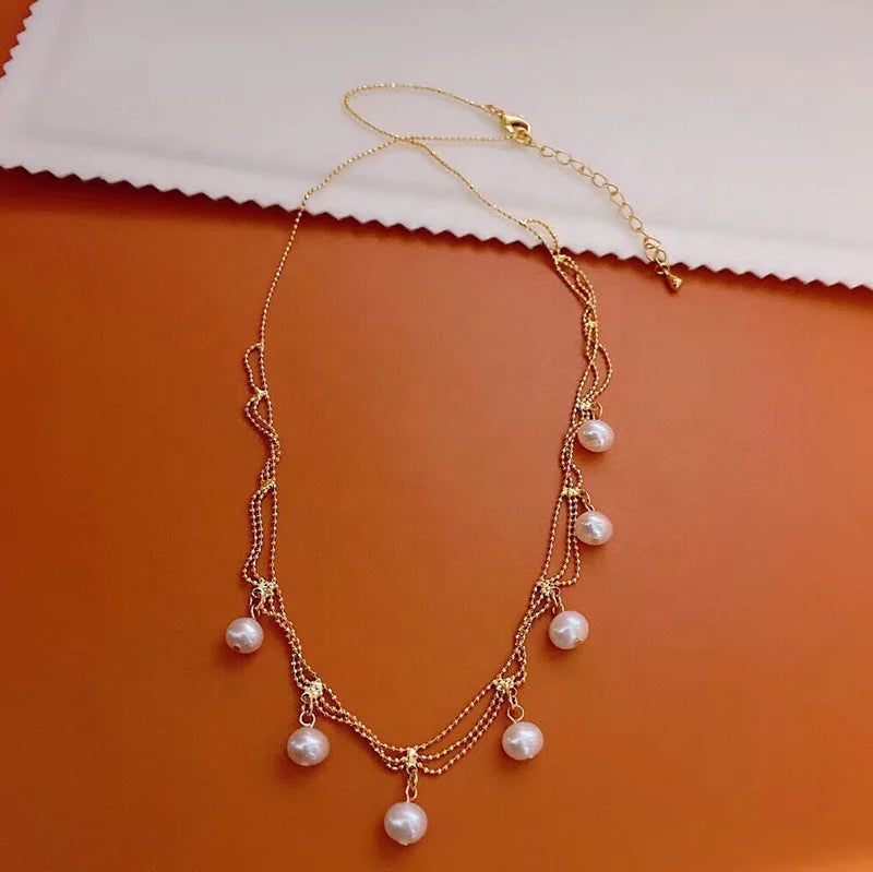 Haiyang 6-7mm Natural Freshwater Pear Beads Chain Necklace for Women Lace Design Romantic Pearl Choker Fashion Jewelry Gift