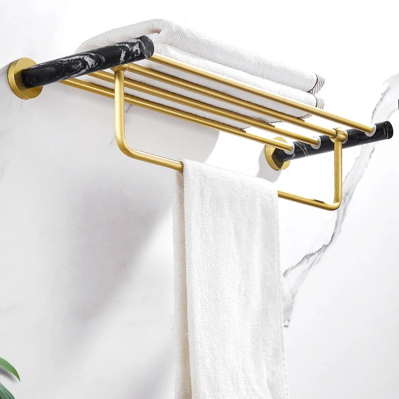Black Gold Brass Fixed Bath Towel Rack Holder Wall Mount Bathroom Accessory Modern Design Space Saving 3-Year Warranty Hongdec
