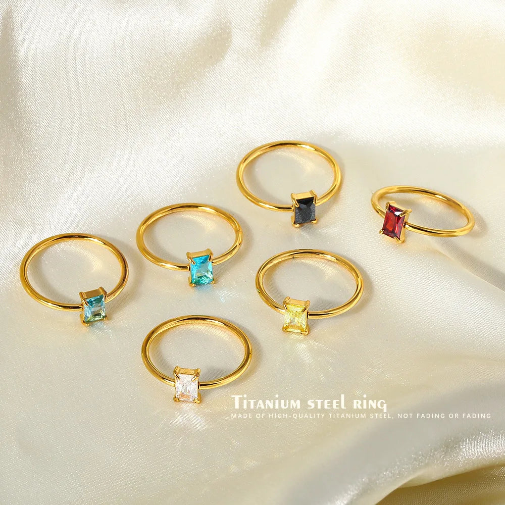 High End 18K Gold Plated Square Zirconia Dainty Lines Rings Stainless Steel Ring Fine Circle Small Jewelry Ring