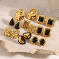 Hypoallergenic Geometric Black Natural Stone Gold Plated Stainless Steel Chunky Statement Earrings