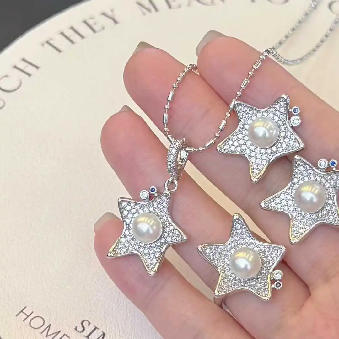 New Starfish Pearl Set 7-8mm Natural Freshwater Pearl Necklace Ring Earring Jewelry Set Value 3-Piece Set for Girls