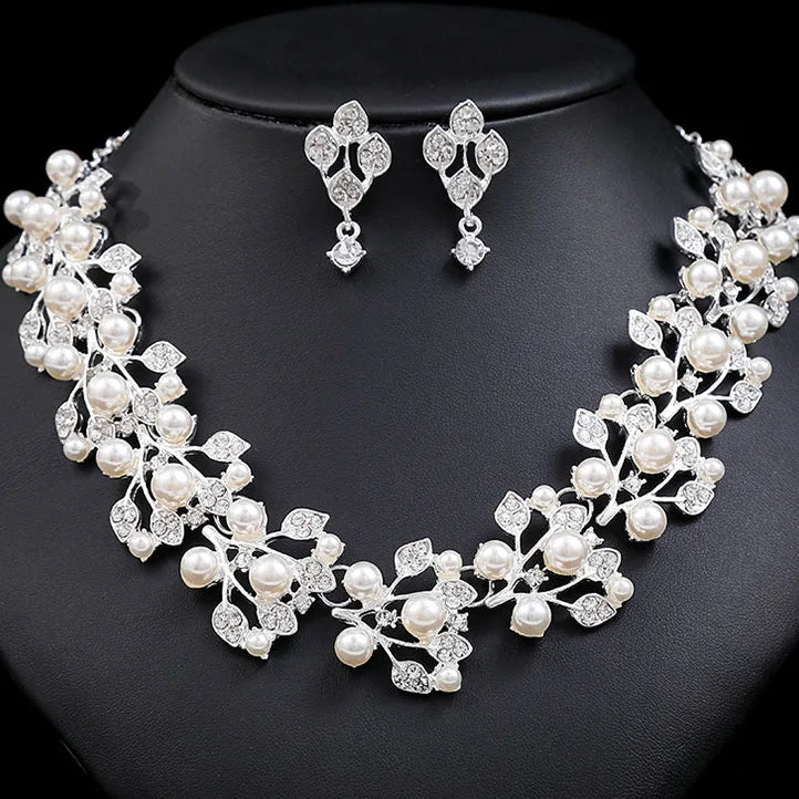 Fashion Temperament Jewelry Necklace Earring Bride Dress Accessories Crystal Rhinestone Leaf Pearl Necklace Earring Sets