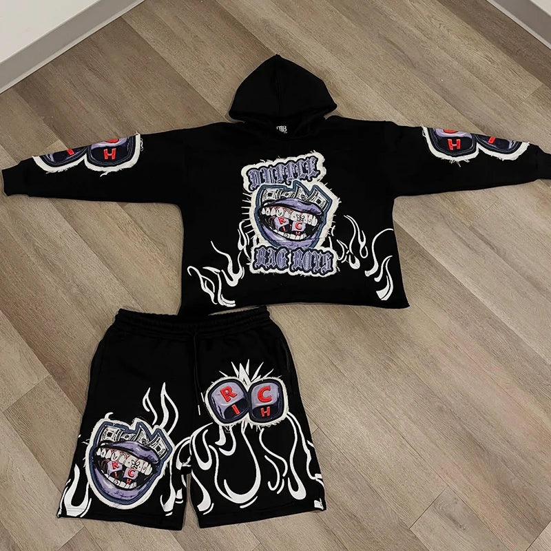 Custom Two Piece Sweatsuit Track Short Set Summer Distressing Embroidery Tracksuit Hoodie and Shorts Sets for Men