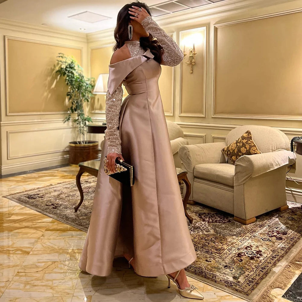 Elegant Khaki Satin High Low Dubai Evening Dress for Wedding Party Halter Arabic Women Midi Formal Guest Gowns Sf058