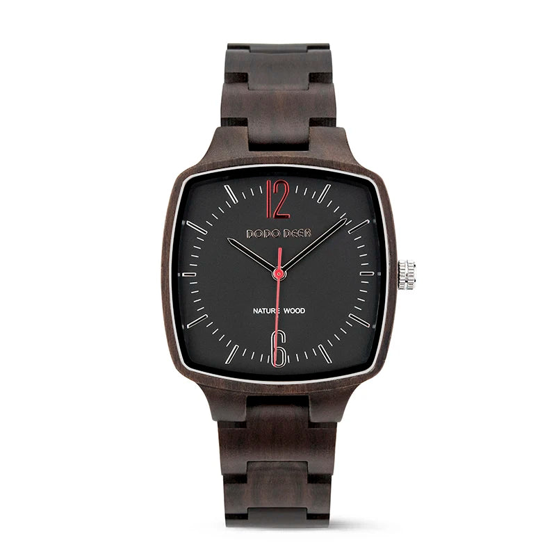 Wholesale New Style Quartz Fashion Square Case Pointer Dial Handmade Ebony Wood Watches for Men and Women OEM Custom Logo