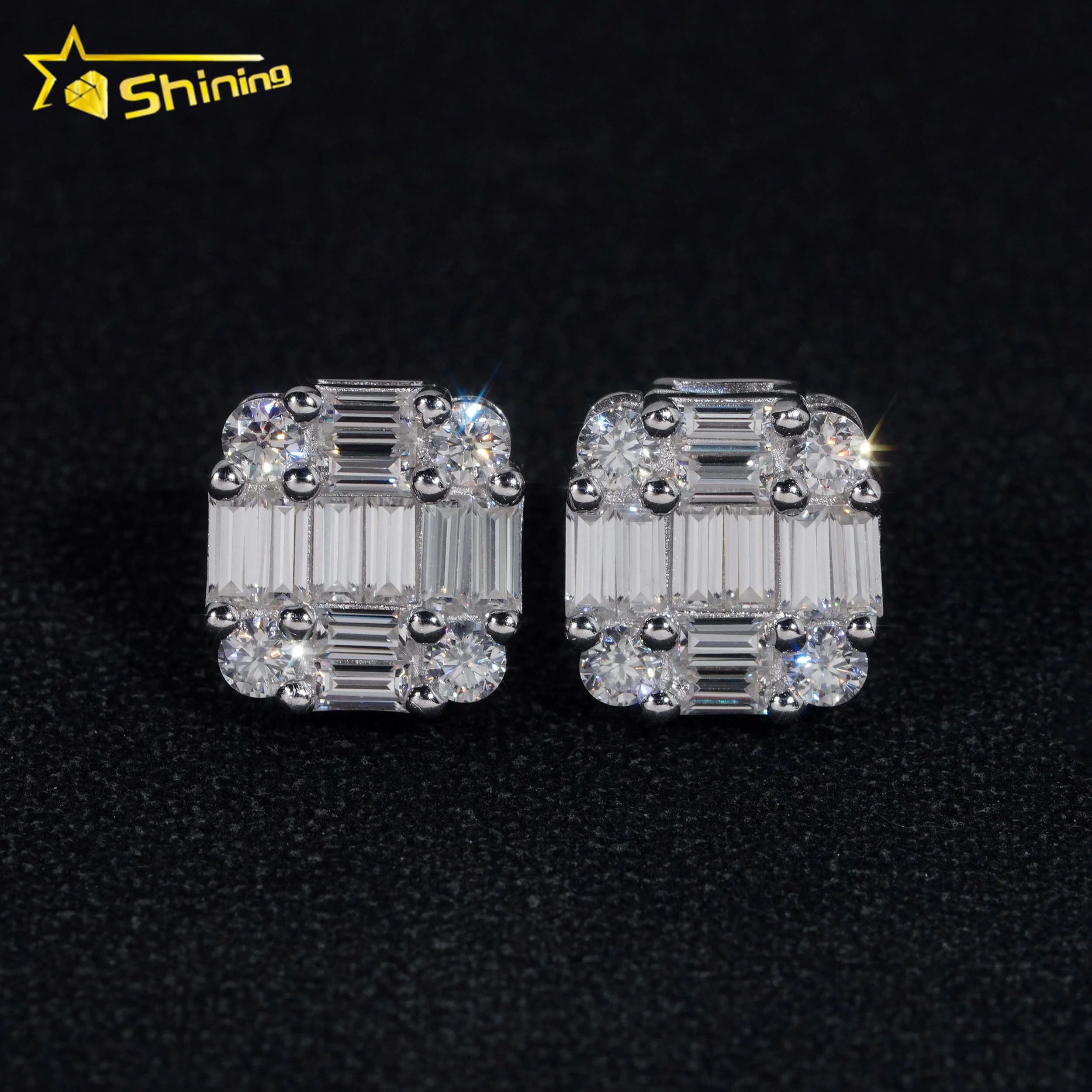 New Arrival Hip Hop Design Baguette Diamond VVS Iced Out Moissanite Stud Earrings for Men