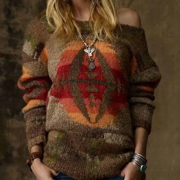 Women's Vintage Floral Pullover Sweater Top for Fall Winter 2025 Loose Casual Fit Breathable Knit for Everyday Use Tops