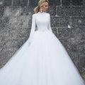 2023 Muslim Illusion White/Ivory Elegant A-Line Long Sleeves Bride Dress Appliques Lace Tulle Gowns Wedding Dresses