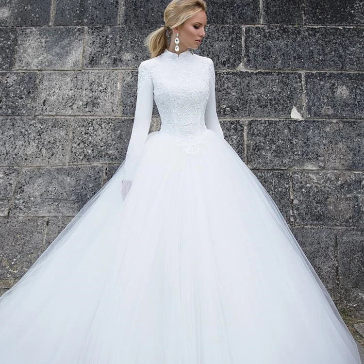 2023 Muslim Illusion White/Ivory Elegant A-Line Long Sleeves Bride Dress Appliques Lace Tulle Gowns Wedding Dresses