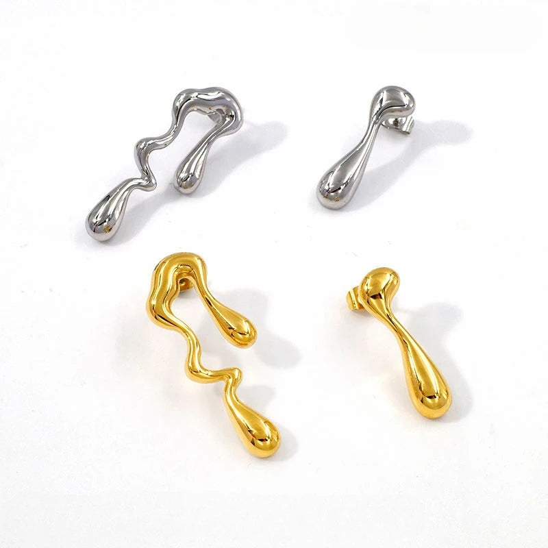 Fashion Stainless Steel Wholesale Jewelry Tarnish Free Jewelry 18k Gold Plated Liquid Asymmetric Unique Stud Earrings for Women