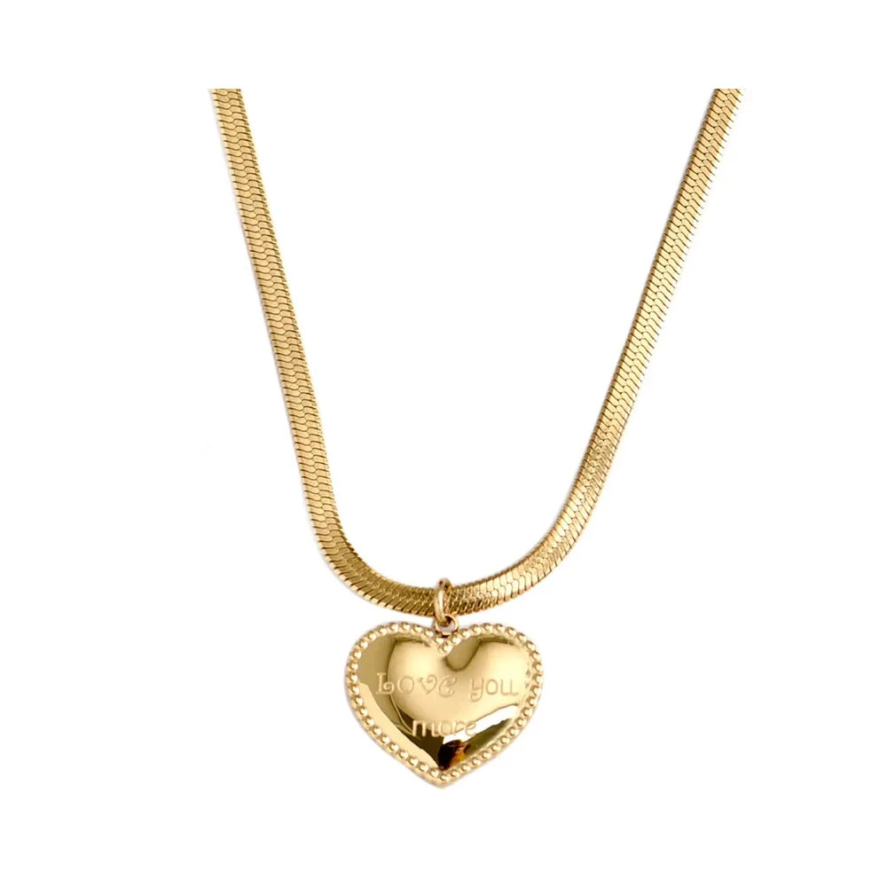 RisingMoon Collar Simple Gold Plated Snake Chain Stainless Steel Letter Heart Pendant Necklace