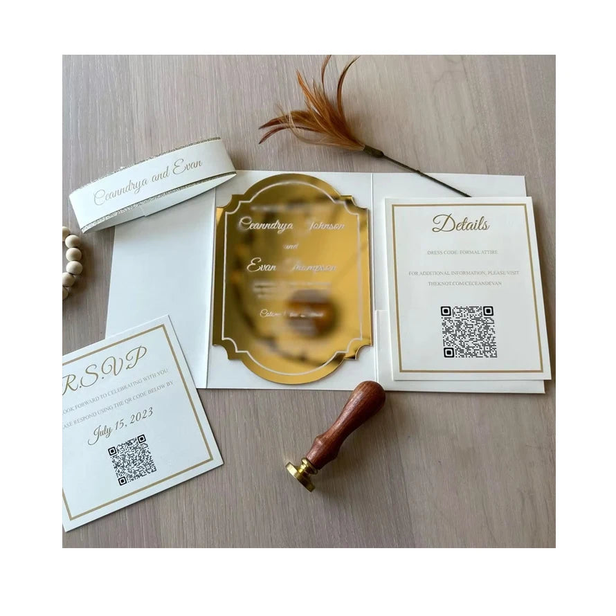 Custom Pearlescent Ivory Pocket Gold Mirrored Wedding Invitation RSVP Card Envelope With Belt
