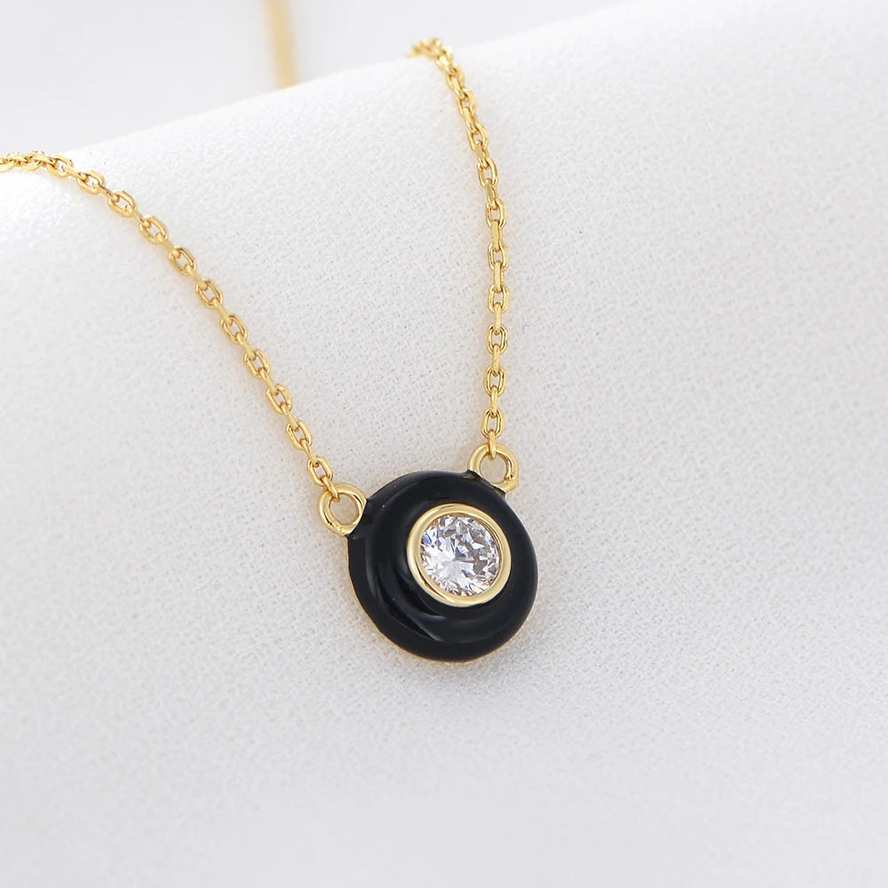 Classic Cute Design Gold Plated Zirconia Round Dripping Oil Enamel Chain Pendant Choker Necklace 925 Silver Jewelry